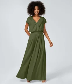 Jumpsuits<HALARA V Neck Short Sleeve Side Pocket Wide Leg Flowy Waffle Casual Jumpsuit
