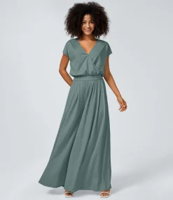 Jumpsuits<HALARA V Neck Short Sleeve Side Pocket Wide Leg Flowy Waffle Casual Jumpsuit