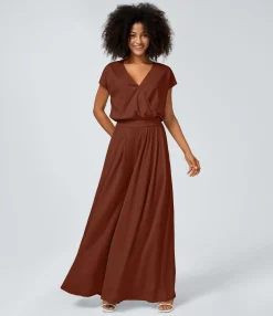 Jumpsuits<HALARA V Neck Short Sleeve Side Pocket Wide Leg Flowy Waffle Casual Jumpsuit