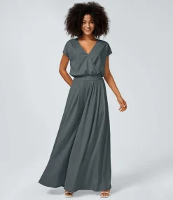 Jumpsuits<HALARA V Neck Short Sleeve Side Pocket Wide Leg Flowy Waffle Casual Jumpsuit