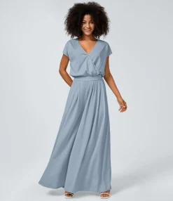 Jumpsuits<HALARA V Neck Short Sleeve Side Pocket Wide Leg Flowy Waffle Casual Jumpsuit