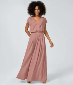 Jumpsuits<HALARA V Neck Short Sleeve Side Pocket Wide Leg Flowy Waffle Casual Jumpsuit