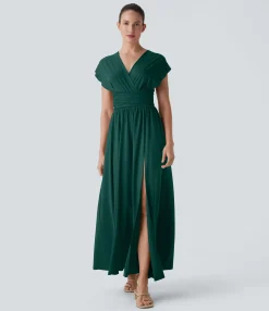 Maxi & Midi Dresses|Dresses<HALARA V Neck Short Sleeve Tie Back Maxi Dress with Pocket