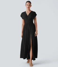 Maxi & Midi Dresses|Dresses<HALARA V Neck Short Sleeve Tie Back Maxi Dress with Pocket