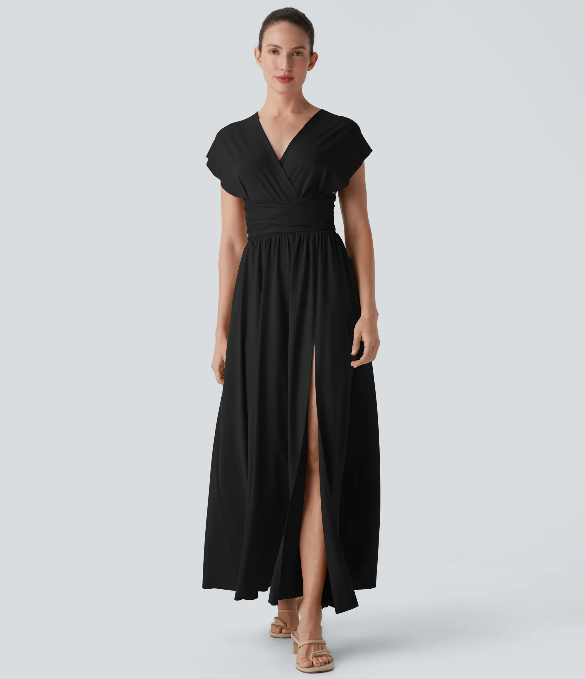 Maxi & Midi Dresses|Dresses<HALARA V Neck Short Sleeve Tie Back Maxi Dress with Pocket