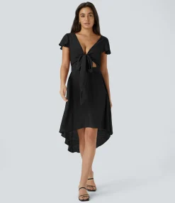 Dresses|Maxi & Midi Dresses<HALARA V Neck Short Sleeve Tie Front & Back Cut Out High Low Flowy Midi Casual Dress