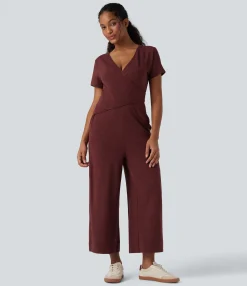 Jumpsuits<HALARA V Neck Short Sleeve Wrapped Tie Back Straight Leg Casual Jumpsuit with Pockets