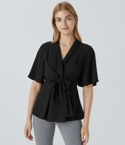 Work Tops|Shirts Blouses<HALARA V Neck Short Sleeve Wrapped Tie Front Work Blouse