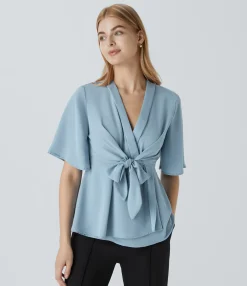 Work Tops|Shirts Blouses<HALARA V Neck Short Sleeve Wrapped Tie Front Work Blouse