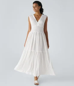 Dresses|Maxi & Midi Dresses<HALARA V Neck Sleeveless Appliques Shirred Flowy Flare Maxi Casual Dress