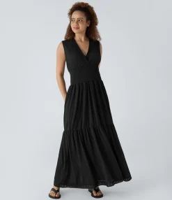 Dresses|Maxi & Midi Dresses<HALARA V Neck Sleeveless Appliques Shirred Flowy Flare Maxi Casual Dress