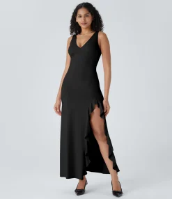 Dresses|Party Dresses<HALARA V Neck Sleeveless Asymmetric Ruffle Hem Maxi Dress