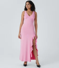 Dresses|Party Dresses<HALARA V Neck Sleeveless Asymmetric Ruffle Hem Maxi Dress