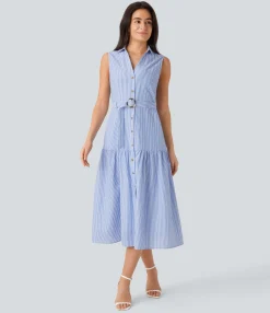 Maxi & Midi Dresses|Dresses<HALARA V Neck Sleeveless Belted Stripe Midi Work Dress