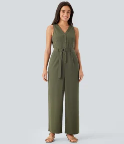 Jumpsuits<HALARA V Neck Sleeveless Belted Pocket Casual Linen-Feel Jumpsuit