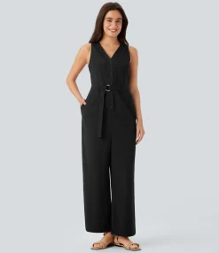 Jumpsuits<HALARA V Neck Sleeveless Belted Pocket Casual Linen-Feel Jumpsuit
