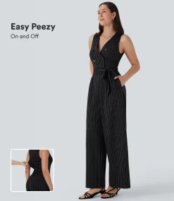 Jumpsuits<HALARA V Neck Sleeveless Belted Stripe Cool Touch Work Jumpsuit with Pockets-Easy Peezy