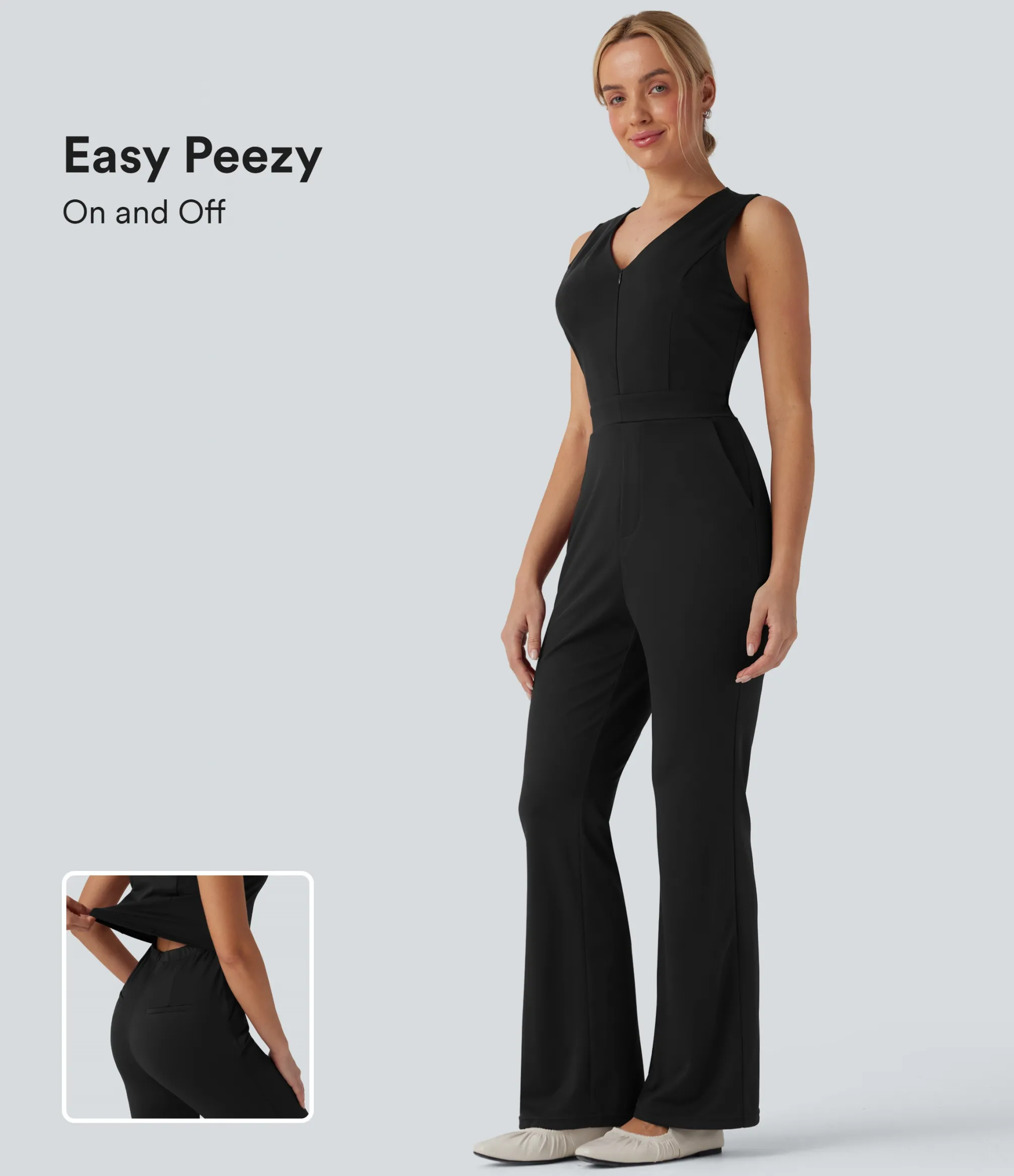 Jumpsuits<HALARA V Neck Sleeveless Casual Bootcut Jumpsuit with Pockets-Easy Peezy Edition