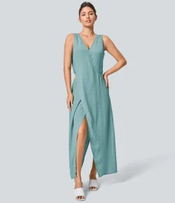 Maxi & Midi Dresses|Dresses<HALARA V Neck Sleeveless Cut Out Maxi Casual Linen-Feel Dress
