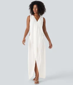 Maxi & Midi Dresses|Dresses<HALARA V Neck Sleeveless Cut Out Maxi Casual Linen-Feel Dress