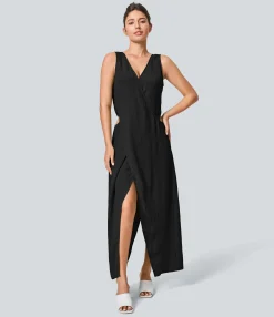 Maxi & Midi Dresses|Dresses<HALARA V Neck Sleeveless Cut Out Maxi Casual Linen-Feel Dress