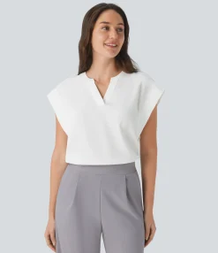 Work Tops<HALARA V Neck Sleeveless Decorative Work Top