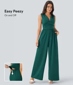 Jumpsuits<HALARA V Neck Sleeveless Ruched Pocket Jumpsuit-Easy Peezy