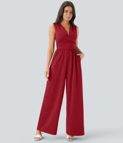 Jumpsuits<HALARA V Neck Sleeveless Ruched Pocket Jumpsuit-Easy Peezy