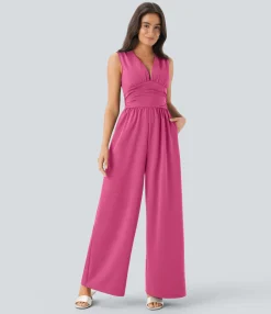 Jumpsuits<HALARA V Neck Sleeveless Ruched Pocket Jumpsuit-Easy Peezy