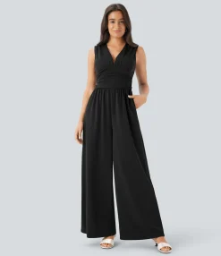 Jumpsuits<HALARA V Neck Sleeveless Ruched Pocket Jumpsuit-Easy Peezy