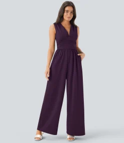 Jumpsuits<HALARA V Neck Sleeveless Ruched Pocket Jumpsuit-Easy Peezy