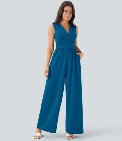 Jumpsuits<HALARA V Neck Sleeveless Ruched Pocket Jumpsuit-Easy Peezy
