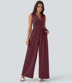Jumpsuits<HALARA V Neck Sleeveless Ruched Pocket Jumpsuit-Easy Peezy