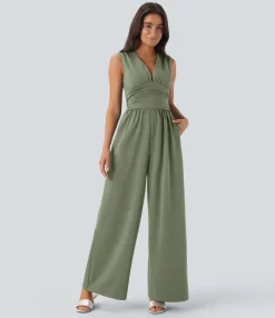 Jumpsuits<HALARA V Neck Sleeveless Ruched Pocket Jumpsuit-Easy Peezy