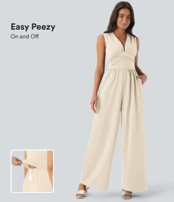 Jumpsuits<HALARA V Neck Sleeveless Ruched Pocket Jumpsuit-Easy Peezy