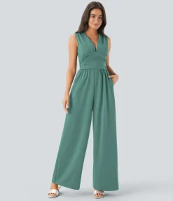 Jumpsuits<HALARA V Neck Sleeveless Ruched Pocket Jumpsuit-Easy Peezy