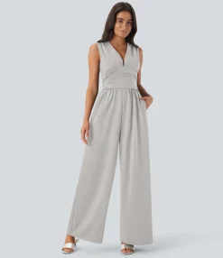 Jumpsuits<HALARA V Neck Sleeveless Ruched Pocket Jumpsuit-Easy Peezy