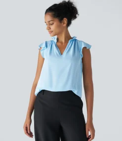 Work Tops|Shirts Blouses<HALARA V Neck Sleeveless Ruffle Work Blouse