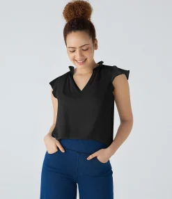Work Tops|Shirts Blouses<HALARA V Neck Sleeveless Ruffle Work Blouse