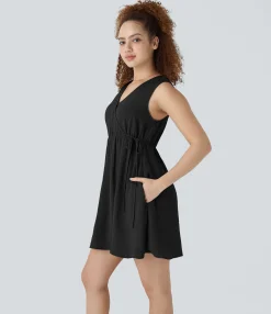 Dresses|Mini Dresses<HALARA V Neck Sleeveless Tie Pocket Linen-Feel Mini Casual Dress
