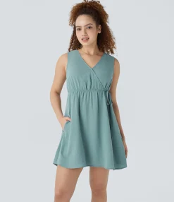 Dresses|Mini Dresses<HALARA V Neck Sleeveless Tie Pocket Linen-Feel Mini Casual Dress
