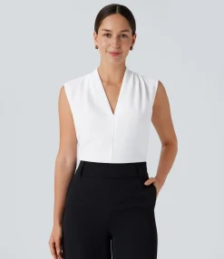 Work Tops|Shirts Blouses<HALARA V Neck Sleeveless Work Blouse