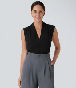 Work Tops|Shirts Blouses<HALARA V Neck Sleeveless Work Blouse