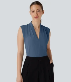 Work Tops|Shirts Blouses<HALARA V Neck Sleeveless Work Blouse