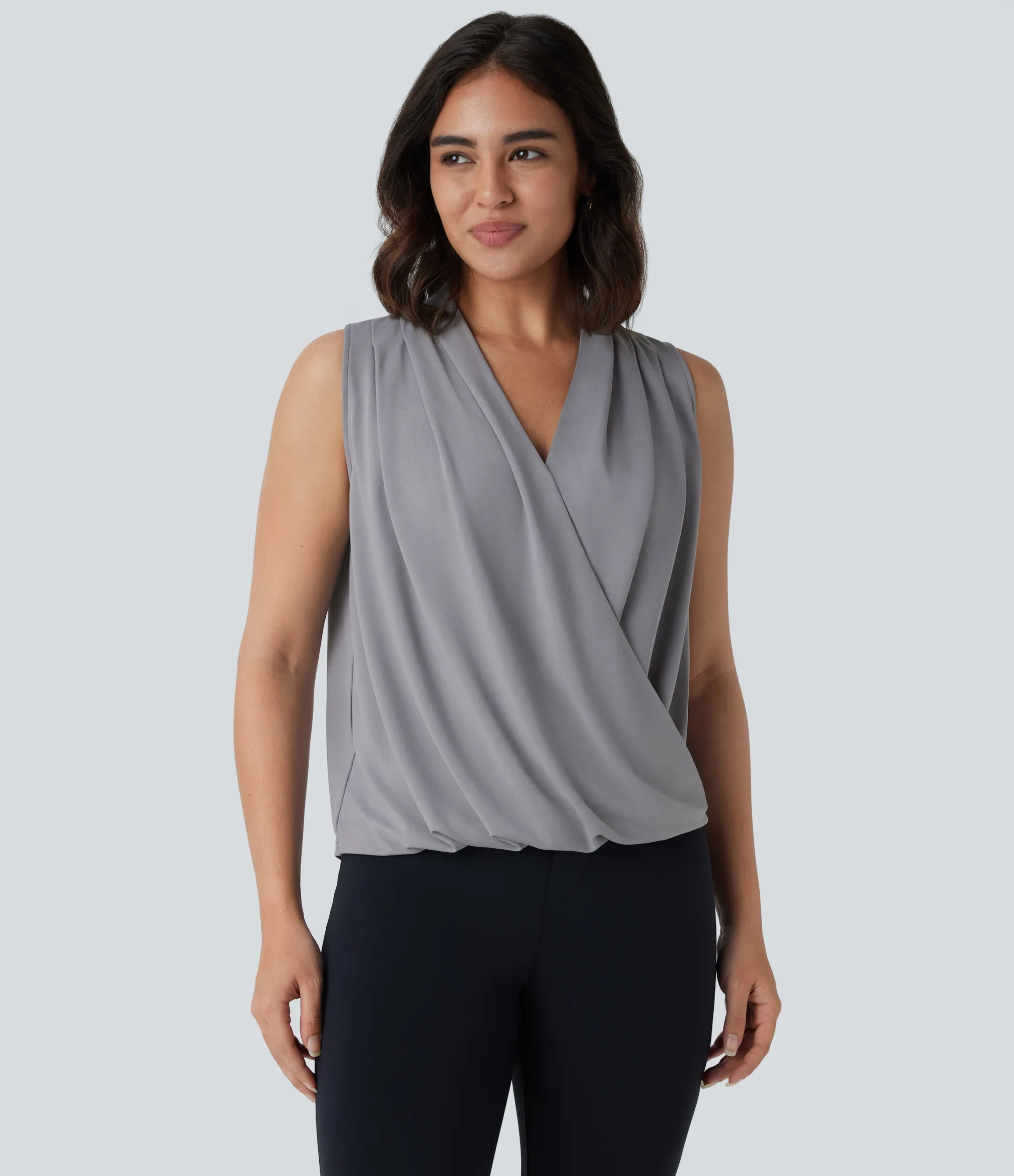 Work Tops|Shirts Blouses<HALARA V Neck Sleeveless Wrapped Crossover Work Blouse