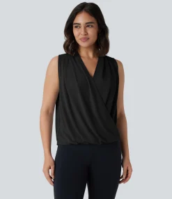 Work Tops|Shirts Blouses<HALARA V Neck Sleeveless Wrapped Crossover Work Blouse