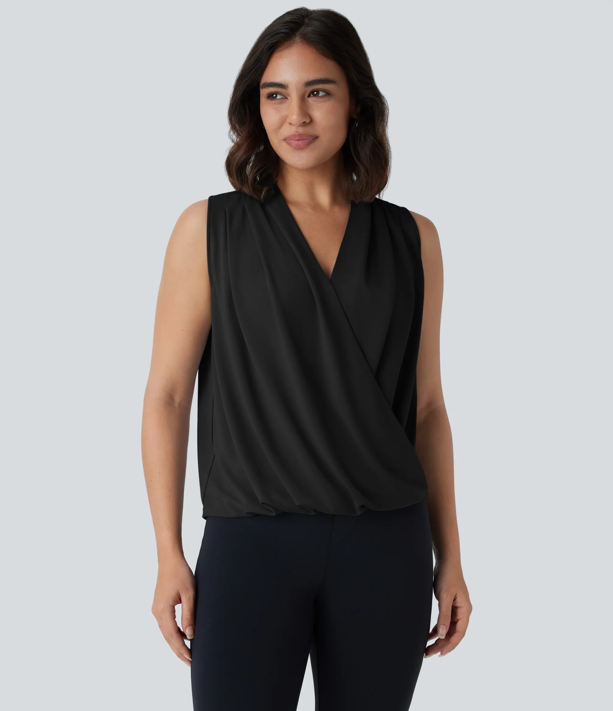 Work Tops|Shirts Blouses<HALARA V Neck Sleeveless Wrapped Crossover Work Blouse