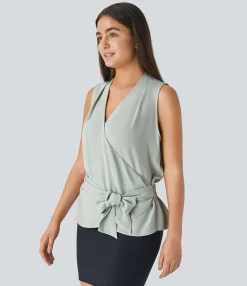 Work Tops|Shirts Blouses<HALARA V Neck Sleeveless Wrapped Tie Front Shirred Work Blouse