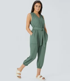 Jumpsuits<HALARA V Neck Sleeveless Zipper Belted Pocket Capri Casual Jumpsuit