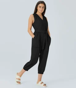 Jumpsuits<HALARA V Neck Sleeveless Zipper Belted Pocket Capri Casual Jumpsuit